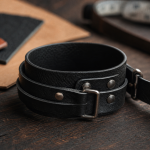 Bracelet de force cuir pleine fleur noir large au poignet, gros plan