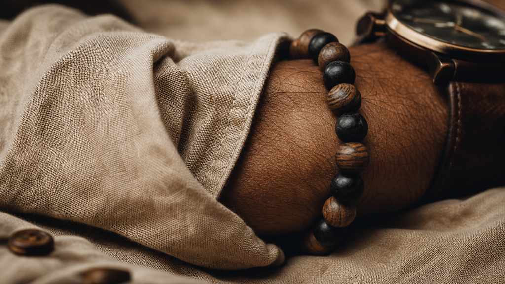Bracelet en bois homme en ébène et noyer, gros plan poignet