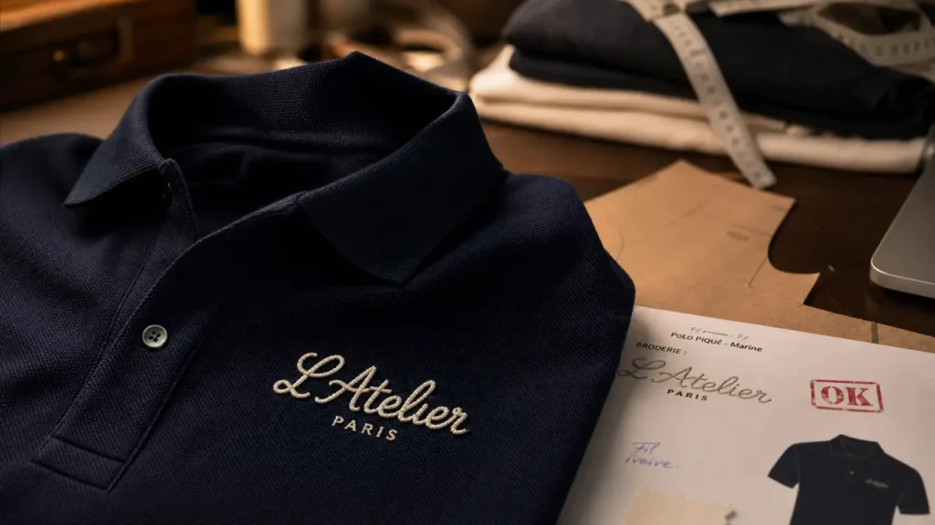Broderie pour vêtement : logo brodé sur polo bleu marine