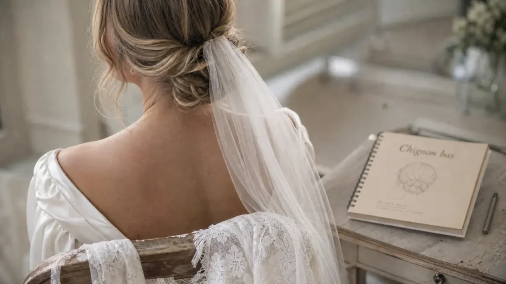 Chignon bas mariage, vue de dos, chignon bas flou romantique