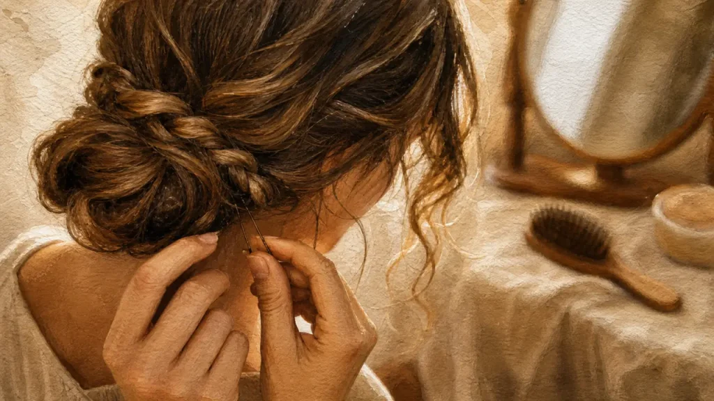 Coiffure bohème simple : chignon bas flou et tresse décoiffée, mèches ondulées
