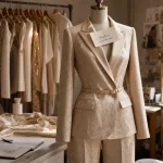 Costume femme mariage : tailleur chic beige en atelier, vue mannequin