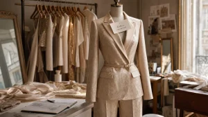 Costume femme mariage : tailleur chic beige en atelier, vue mannequin