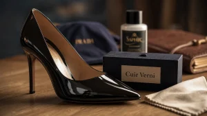 Cuir verni : escarpin noir laqué et chiffon d’entretien anti-rayures
