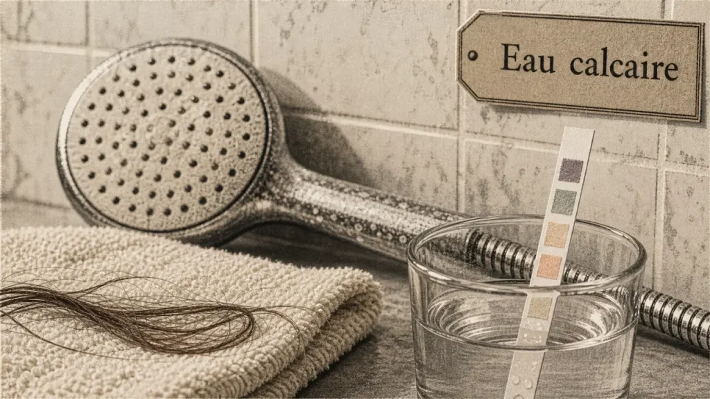 Eau calcaire cheveux : traces blanches et cheveux ternis