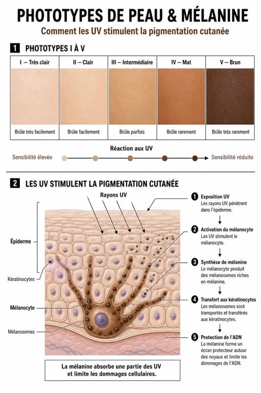 Infographie sur les phototypes de peau et le processus de bronzage pour comprendre combien de temps pour bronzer sans danger.
