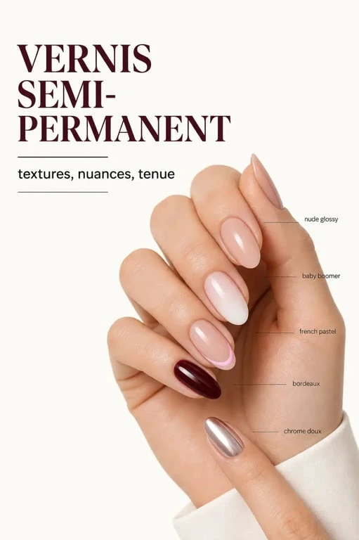 Idée ongle semi permanent avec plusieurs inspirations de manucure sur une main élégante