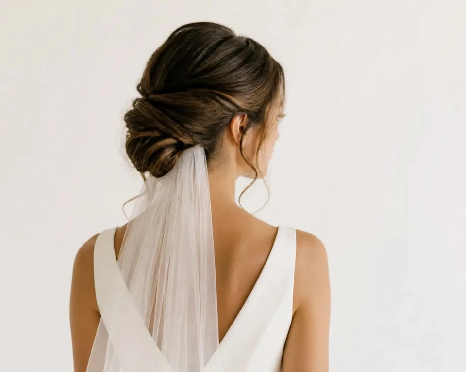 Chignon bas mariage flou sur une mariée de dos avec voile léger