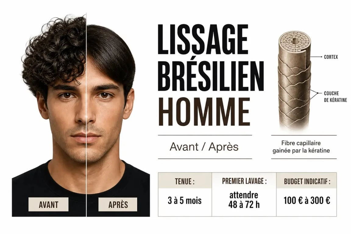 Lissage brésilien homme : avant/après et repères clés sur la durée, l’entretien et le prix