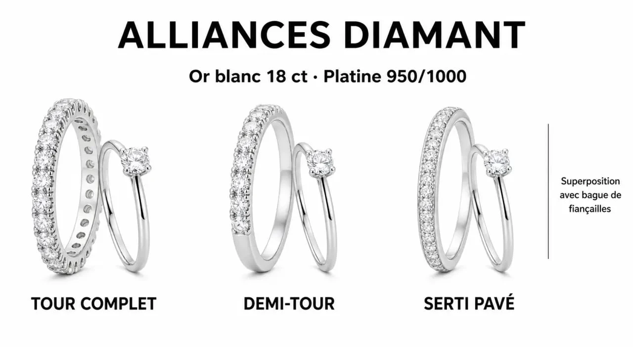 Alliance femme diamant en gros plan montrant tour complet, demi-tour et serti pavé