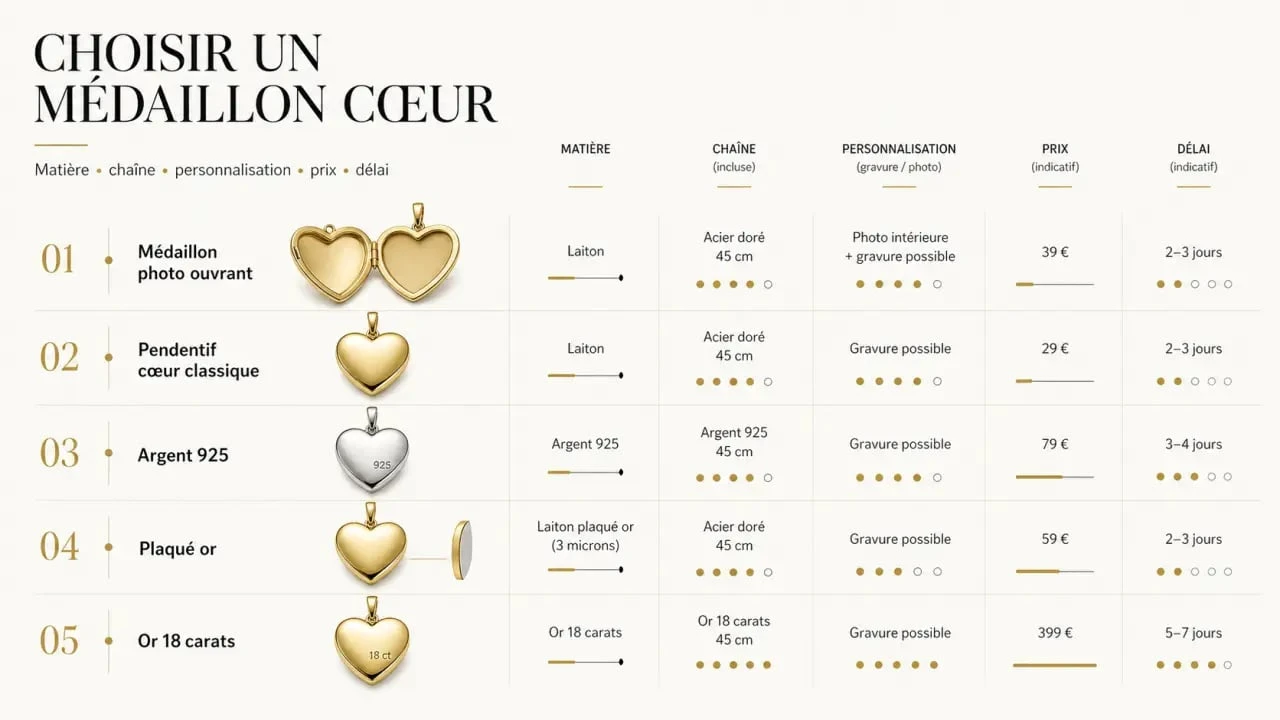 Médaillon cœur à acheter : comparaison visuelle des matières, de la personnalisation et des styles