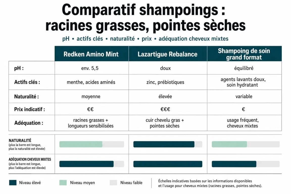 Comparatif du meilleur shampoing racines grasses pointes sèches avec trois formules et leurs atouts