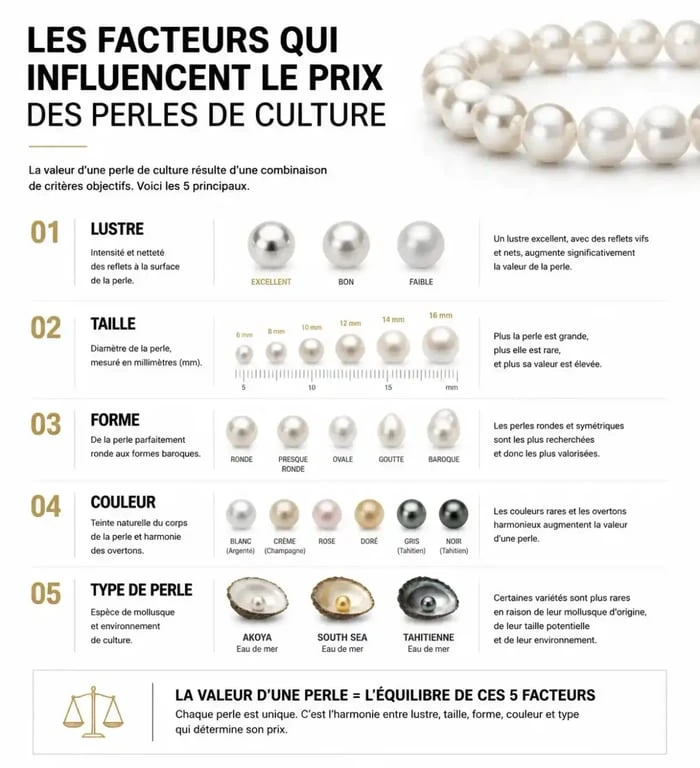 Infographie des critères de prix d'une perle de culture : lustre, taille et type de perle.