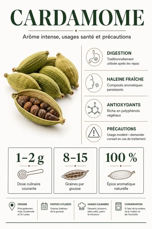Cardamome bienfait : infographie santé sur la digestion, l’haleine fraîche, les antioxydants et les précautions d’emploi