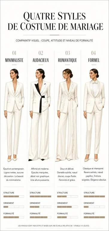 Infographie comparative des styles de costumes pour femme pour un mariage : minimaliste, audacieux, romantique et formel.