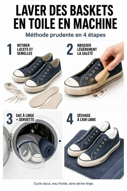 Guide visuel du lavage converses machine avec préparation, cycle délicat et séchage à l’air libre