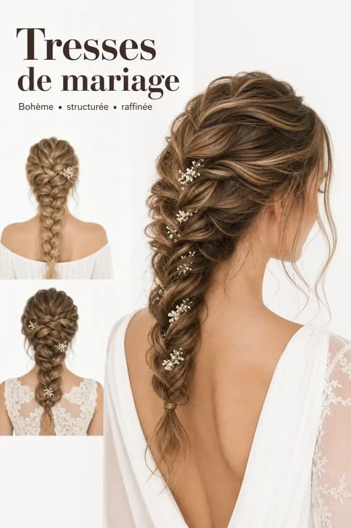 Tresse mariage bohème élégante sur mariée avec coiffure tressée raffinée