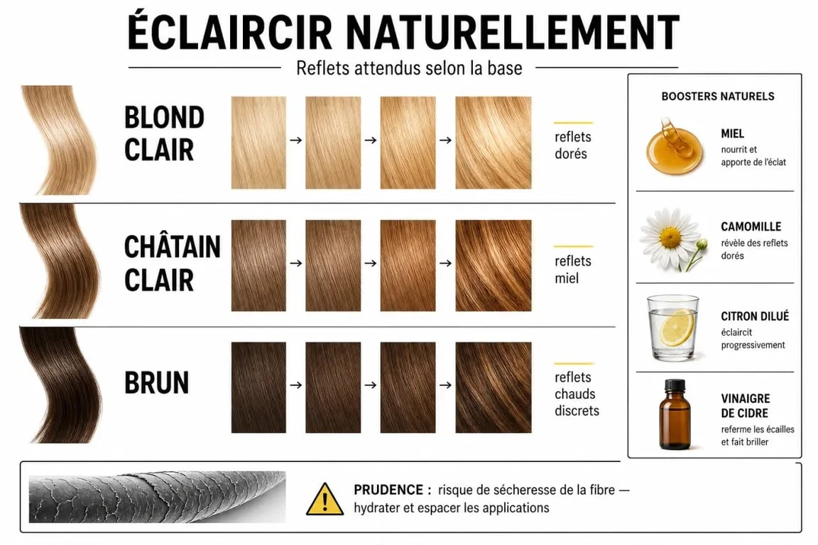 Éclaircir ses cheveux naturellement : illustration des résultats selon la couleur de départ et des ingrédients doux