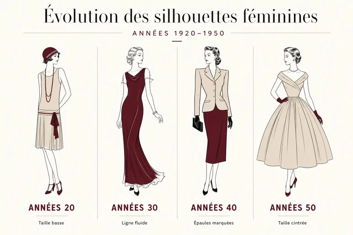 Infographie comparative des styles de robes des années 20 aux années 50 pour choisir sa robe des années 30