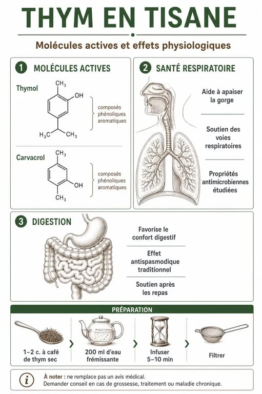 Infographie des bienfaits du thym en tisane et de ses principes actifs pour la santé