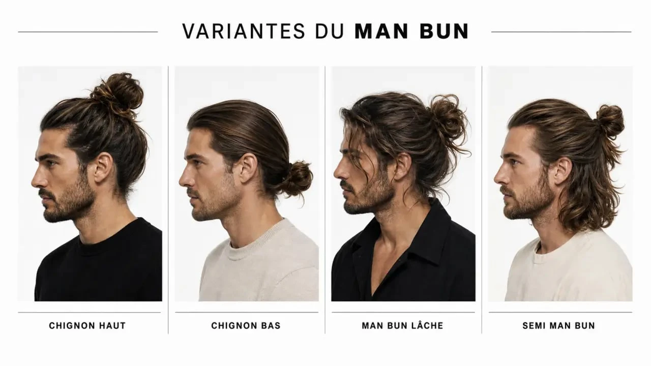 Man bun : quatre variantes de chignon homme en composition éditoriale sobre, du chignon haut au chignon bas