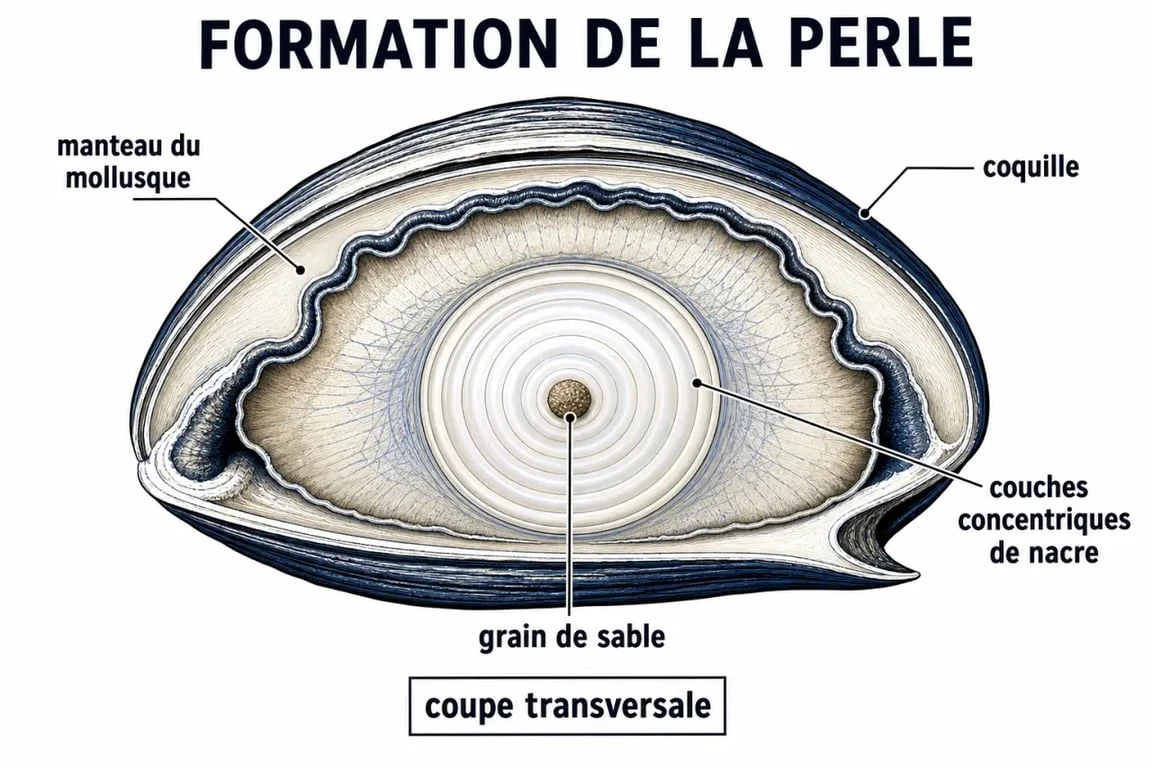 Schéma explicatif de la formation d'une perle de culture dans un mollusque
