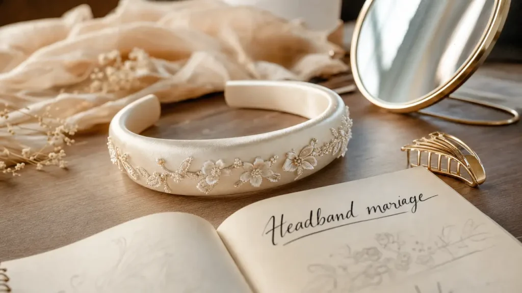 Headband femme satin ivoire et bandeau floral bohème