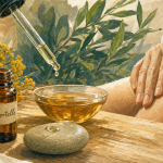 Huile essentielle immortelle utilisation : flacon sur table, massage bleus, circulation, cicatrices