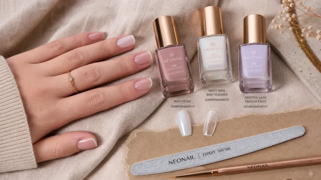 Idee ongle semi permanent : manucure nude glossy, chrome et paillettes en photo
