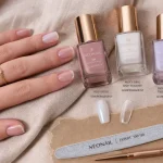 Idee ongle semi permanent : manucure nude glossy, chrome et paillettes en photo
