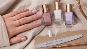 Idee ongle semi permanent : manucure nude glossy, chrome et paillettes en photo