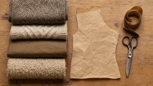 Lainage pour manteau, veste ou pull : tweed, maille et gabardine sur fond bois