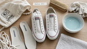 Lavage converses machine : sac à linge et séchage à l’air libre