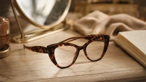 Lunettes papillon femme au style rétro, gros plan sur monture écaille
