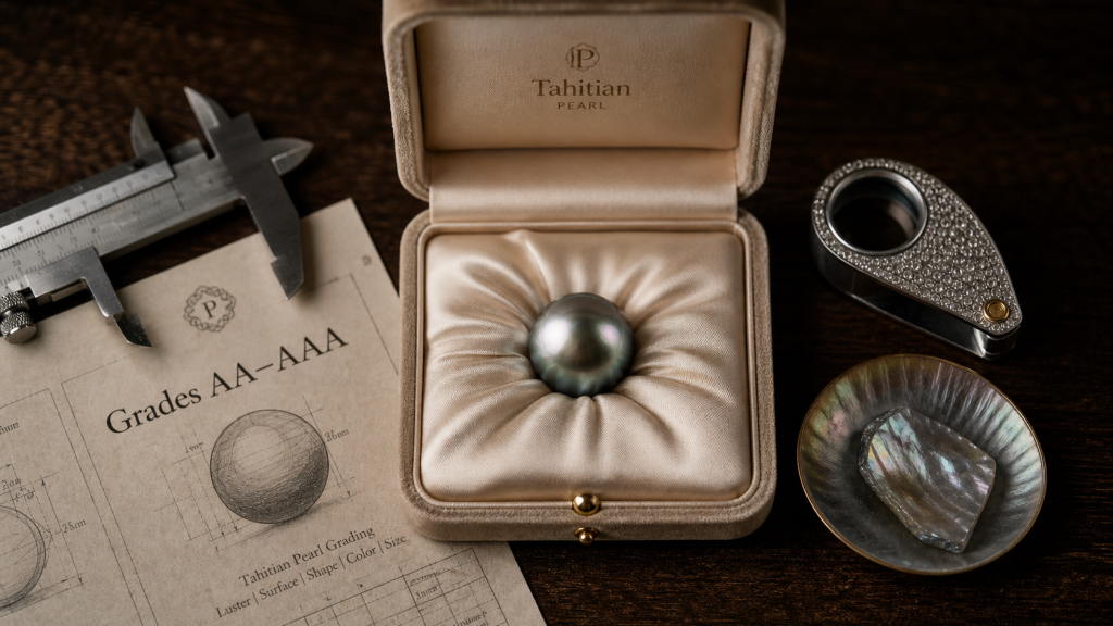 Perle de Tahiti prix : écrin velours et perle gris-argentée irisée