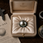 Perle de Tahiti prix : écrin velours et perle gris-argentée irisée