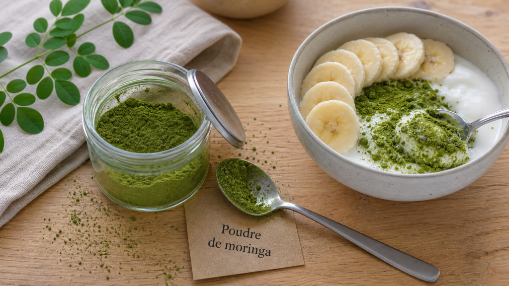 Poudre de moringa bienfait, photo de la poudre verte et cuillère
