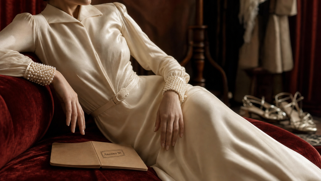 Robe des annee 30 en satin crème, détail perles