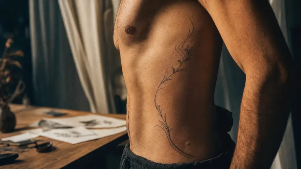 Tatouage cote homme : motif vertical fineline sur côtes