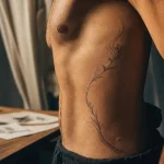 Tatouage cote homme : motif vertical fineline sur côtes