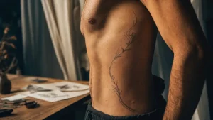 Tatouage cote homme : motif vertical fineline sur côtes
