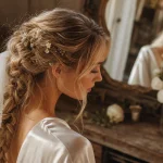 Tresse mariage bohème avec petites fleurs, gros plan