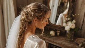 Tresse mariage bohème avec petites fleurs, gros plan
