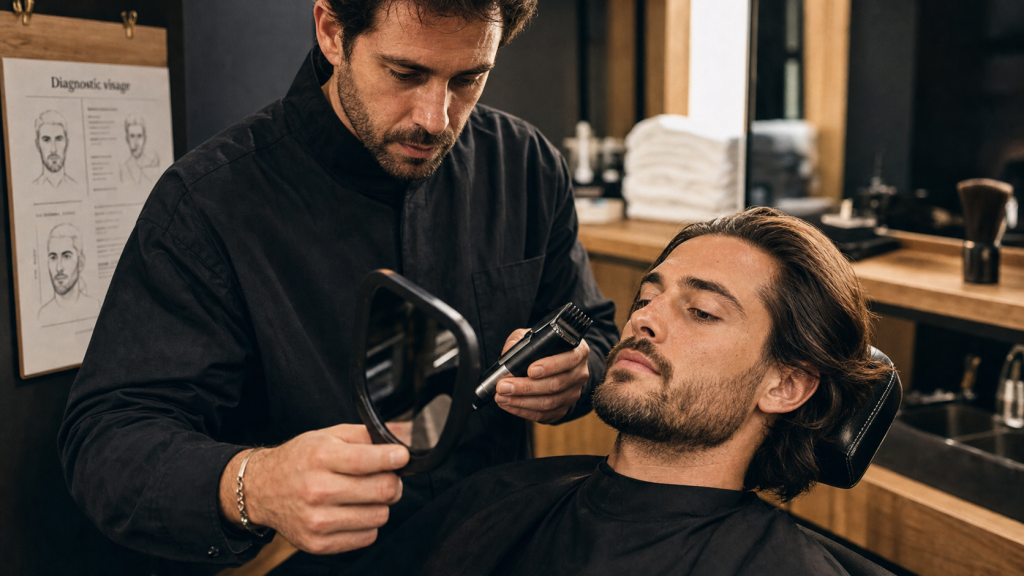 Visagiste homme en salon, diagnostic coupe et barbe
