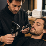 Visagiste homme en salon, diagnostic coupe et barbe
