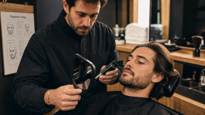 Visagiste homme en salon, diagnostic coupe et barbe