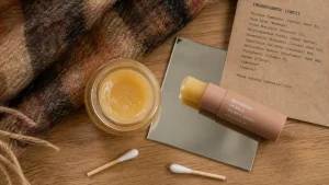 Baume pour les lèvres, cire hydratante sur table en bois