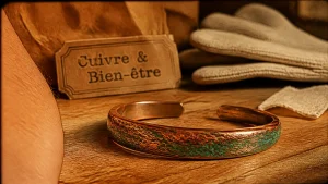 Bracelet en cuivre bienfaits au poignet, cuivre patiné