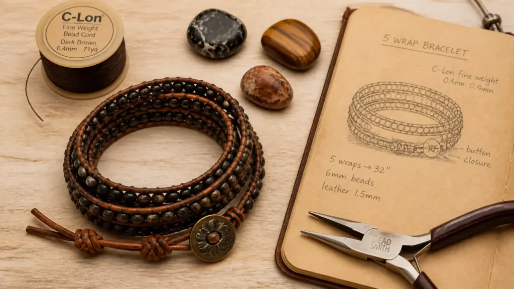 Bracelet wrap cuir multi-tours avec perles et pierres naturelles
