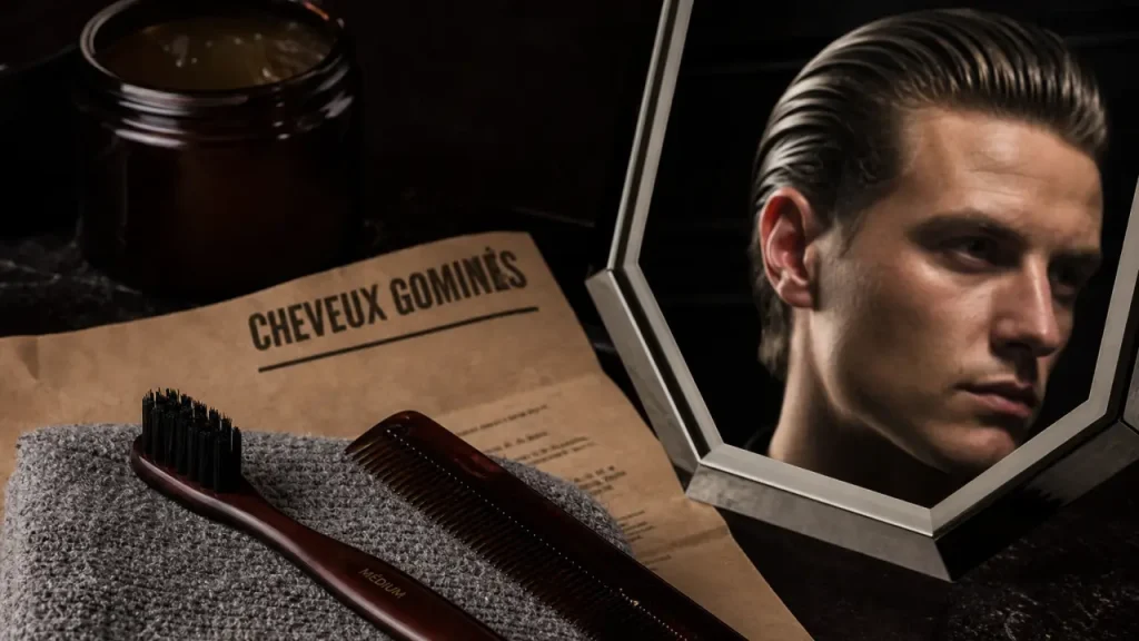 Cheveux gominés brillants, gel et peigne en studio
